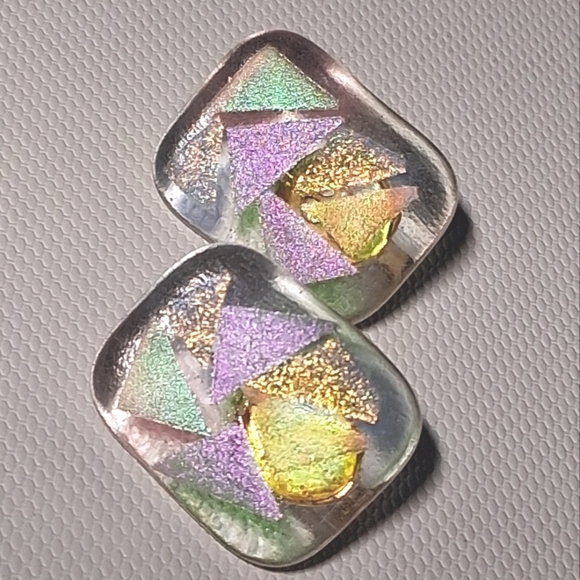 * Vintage Artisan Made Dichroic Glass Clip On Earrings - Picture 1 of 4